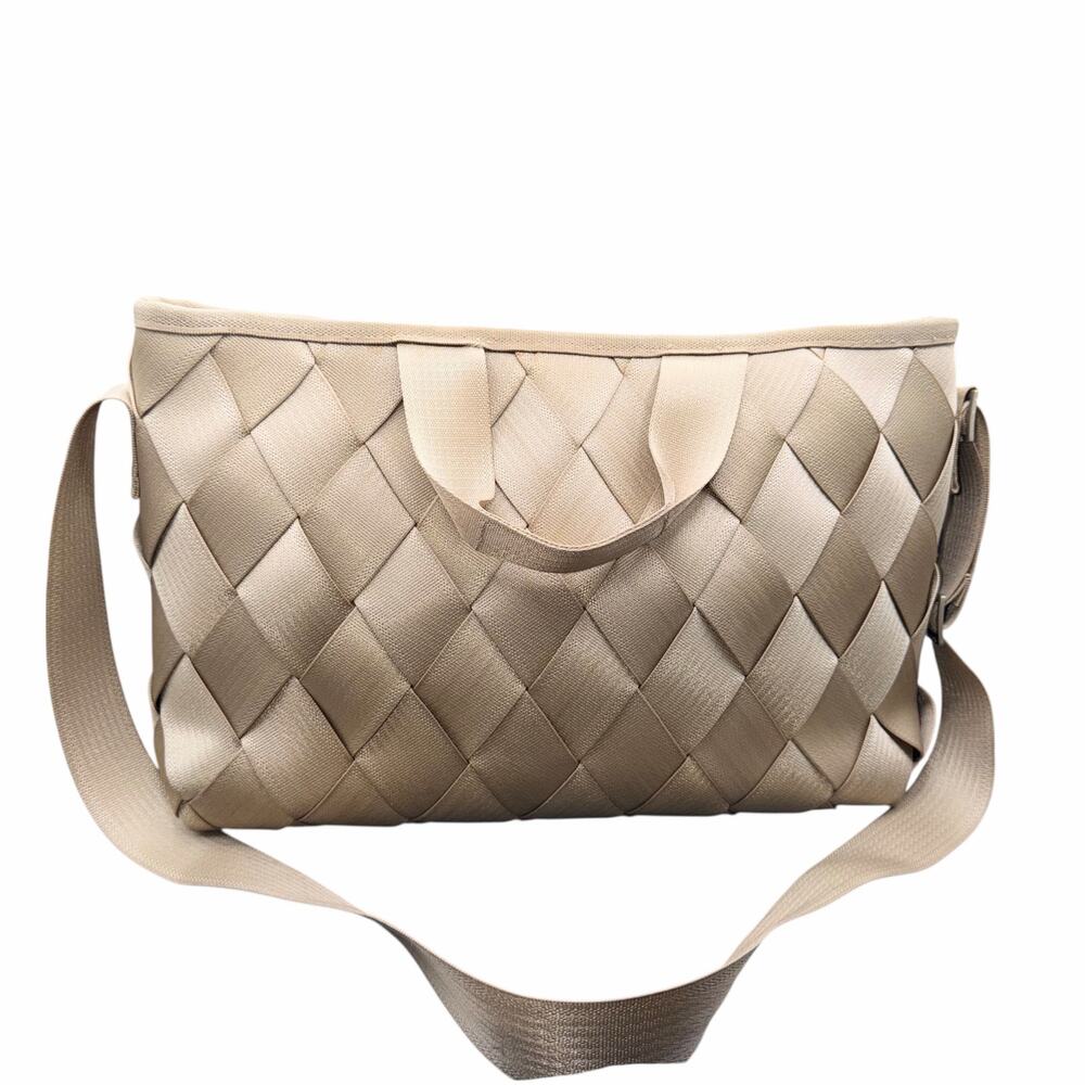 Maggie Bags Woven Seatbelt Laptop Tote Beige Crossbody Bag - Picture 2 of 14